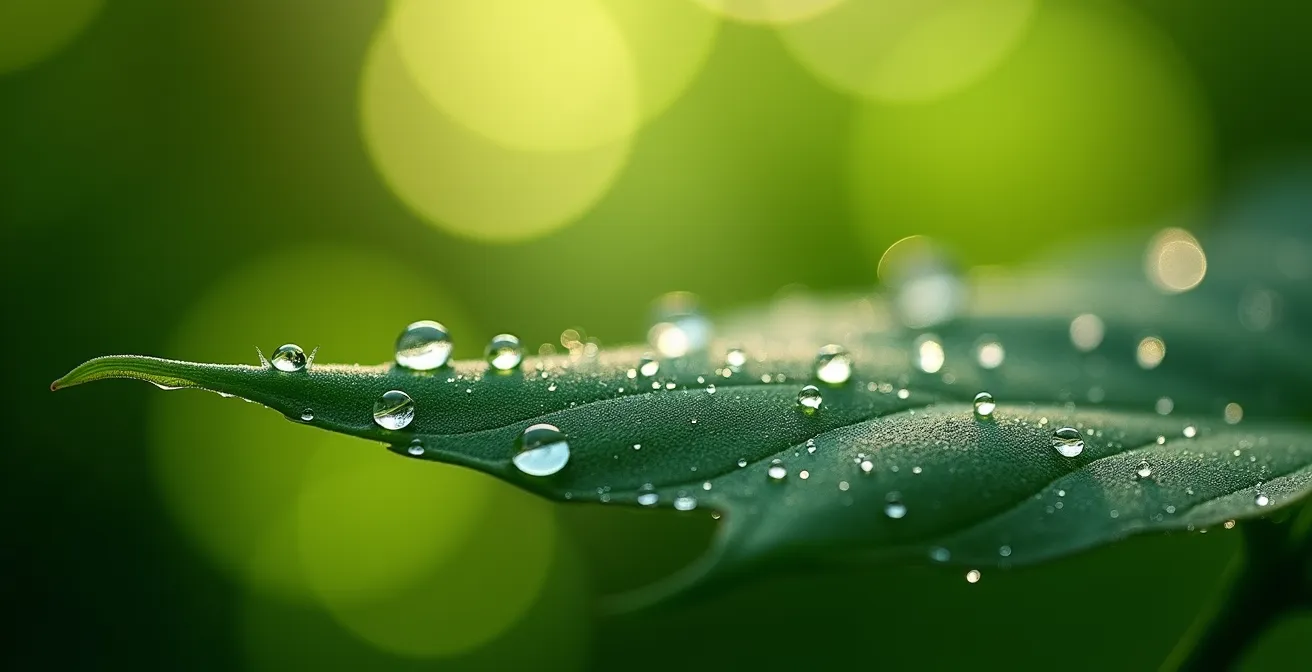 Gros plan microscopique sur des colonies bactériennes bénéfiques sur une feuille aquatique