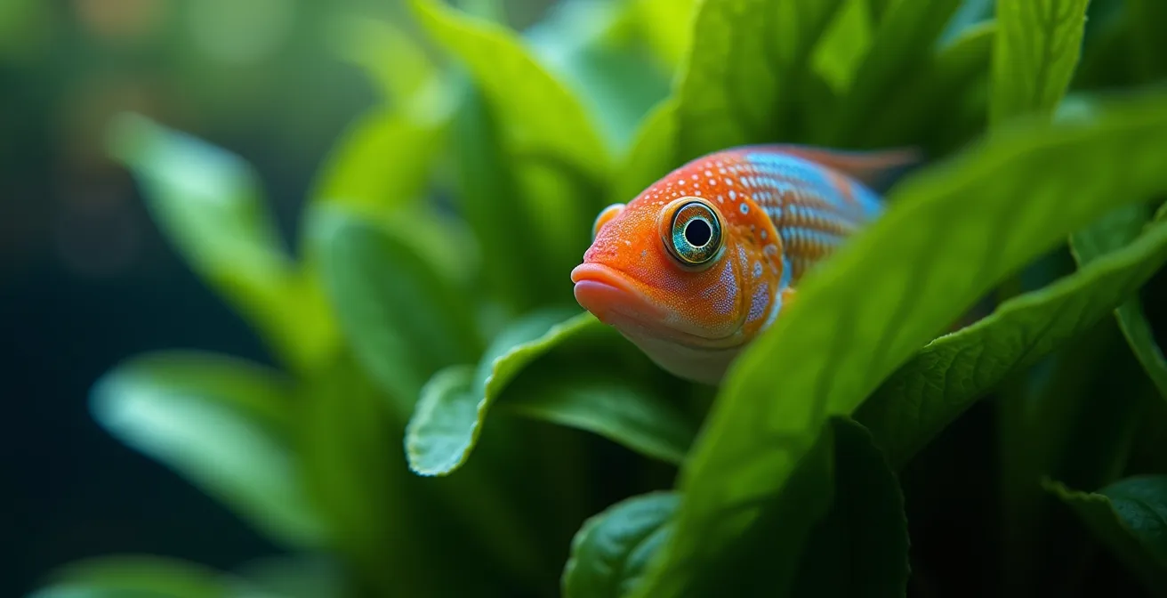 Poisson tropical se cachant paisiblement entre des feuilles de plantes aquatiques denses