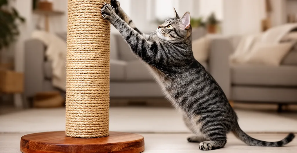 Chat en train de s'étirer et griffer un poteau en sisal, vue de côté