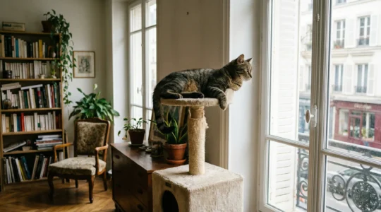 Chat tigré perché sur la plateforme haute d'un arbre à chat, regardant par une fenêtre