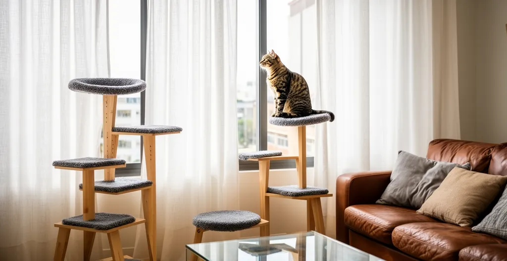 Vue large d'un salon : arbre à chat placé près d'une fenêtre, chat observant dehors