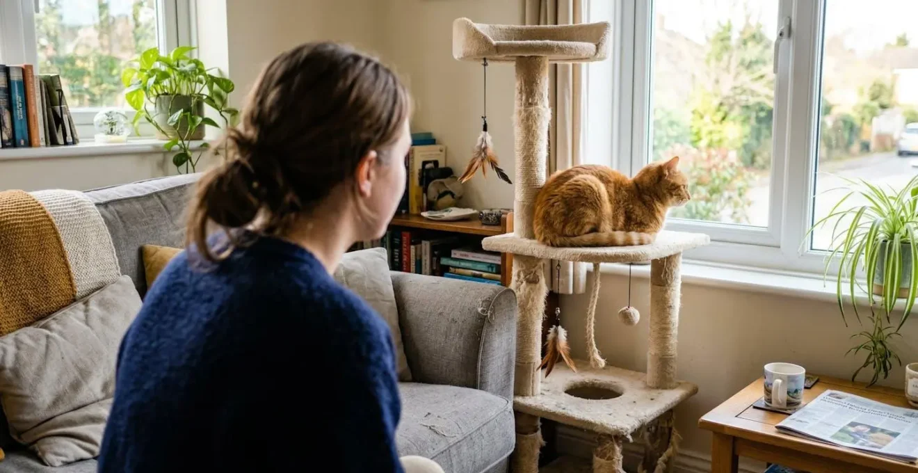 Un arbre à chat de taille moyenne placé entre un canapé beige et une fenêtre, avec un chat roux allongé sur la plateforme supérieure observant l'extérieur