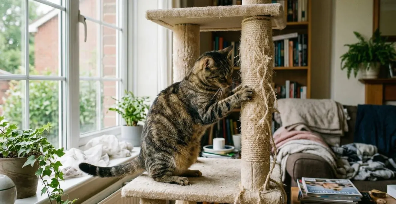 Un chat tigré étire ses pattes arrière en griffant le poteau en sisal d'un arbre à chat placé près d'une fenêtre dans un salon lumineux