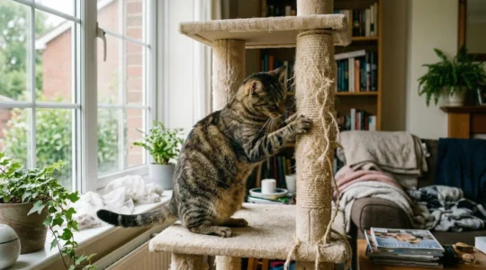 Un chat tigré étire ses pattes arrière en griffant le poteau en sisal d'un arbre à chat placé près d'une fenêtre dans un salon lumineux