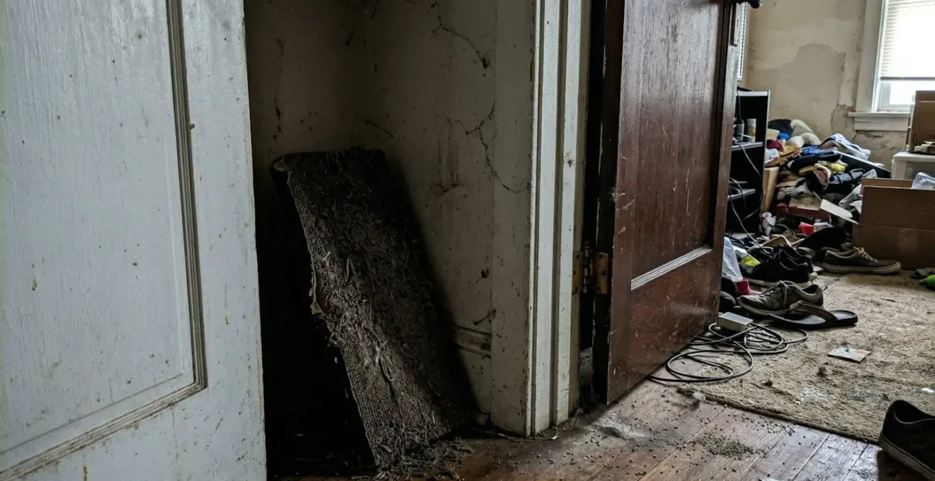 Un griffoir en carton poussiéreux posé dans un coin sombre derrière une porte entrouverte, visiblement inutilisé